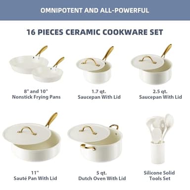 Pots and Pans Set Non Stick - VONIKI Ceramic Cookware Set with Cooking Utensils Set, Non Toxic Kitchen Cookware Sets Dutch Oven Pot with Lid Saucepan Set Sauté Pan Frying Pan Set for Cooking Gifts - Image 3