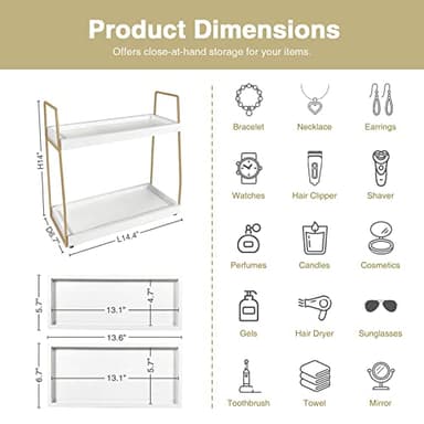 Forbena Bathroom Organizer Countertop, Counter Organizer for Bathroom Decor, Wooden Sink Shelf for Vanity Storage, Makeup Tray for Perfume Skincare Bedroom Kitchen Corner (2 Tier, White and Gold) - Image 2