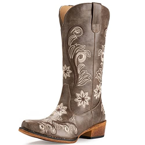 IUV Cowboy Boots For Women Mid Calf Cowgirl Boots Embroidered Pull-On Tabs Snip Toe Boot - Image 1