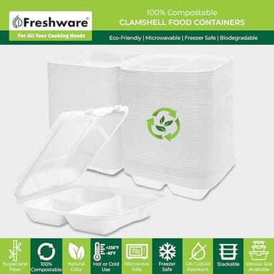 Freshware Clamshell Food Containers with Lids [8x8] 3-Compartment 50-Pack, Disposable To Go Containers, Biodegradable Sugarcane To Go Boxes - Paper Containers - Microwave & Freezer Safe, Stackable - Image 2