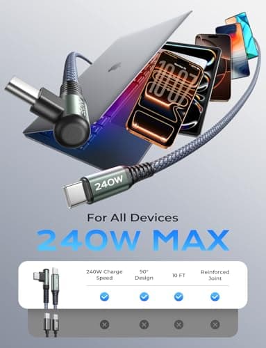 AINOPE 240W USB C to USB C Cable [10FT] Right Angle C to C Cable Fast Charging,USBC to USBC iPhone 17 Charger Cord Type C Fits iPhone 16 15 Pro Max Plus,MacBook Air/Pro,iPad Pro,Samsung S25,Pixel,iPad - Image 2