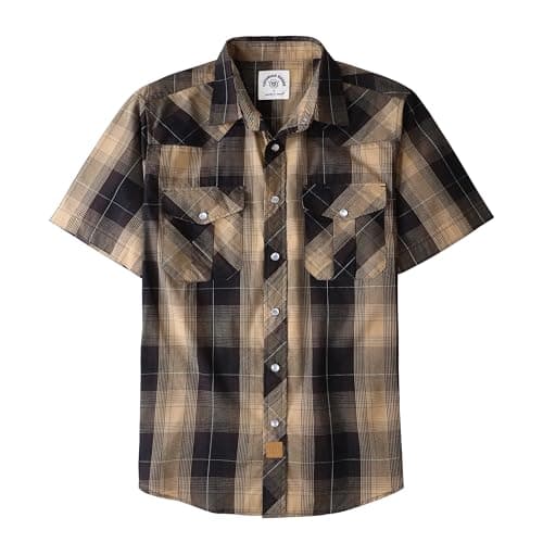 Dubinik® Western Shirts for Men Short Sleeve Plaid Pearl Snap Shirts for Men Button Up Shirt Cowboy Casual Work Shirt Brown Khaki - Image 1
