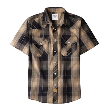 Dubinik® Western Shirts for Men Short Sleeve Plaid Pearl Snap Shirts for Men Button Up Shirt Cowboy Casual Work Shirt Brown Khaki - Image 1