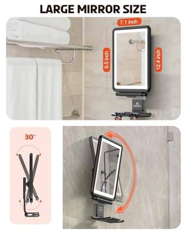 Widitn Heated Shower Mirror Fogless for Shaving, 3 Color Dimmable Lights Shower Mirror Fogless, Rechargeable Anti-Fog Shaving Mirror with Razor Holder, Storage Tray, Squeegee - Image 6