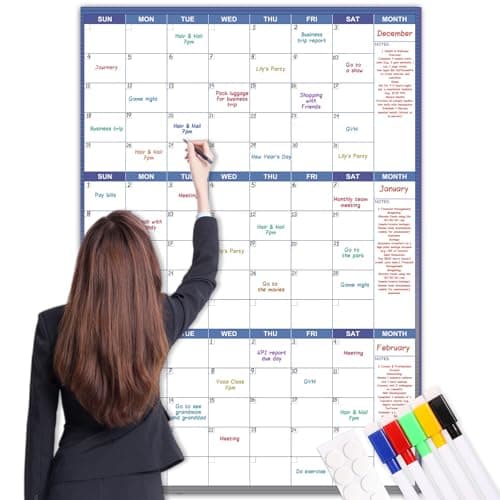 Large Dry Erase Calendar for Wall - Undated Wall Calendar Dry Erase, 28" x 40" (Vertical), Erasable & Reusable Wall Calendar 3 Month with Round Stickers and Markers for Home, Office, Classroom and Gym Use, Blue - Image 1