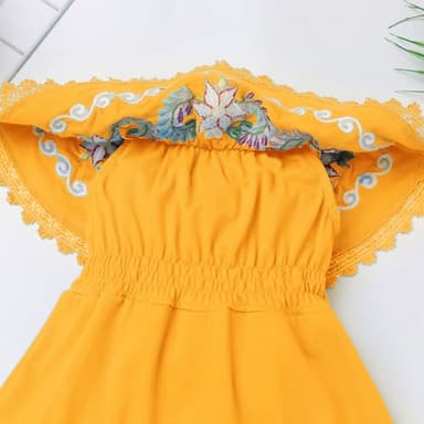 Baby Girls Mexican Dress Sleeveless Off Shoulder Flowers Embroidery Dresses Toddler Traditional Mexico Themed Birthday Party Clothe Cinco De Mayo Outfit Hawaii Holiday Casual Sundress Yellow 2-3T - Image 4