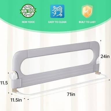 UPGOGO Folding Bed Rail for Toddlers,Baby Bed Rail Guard with Reinforced Anchor Safety System,Fit Bunk,Full Size,Queen,King,Twin(Grey,71"x23.6") - Image 2