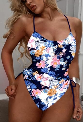 Viottiset Women's Drawstring One Piece Swimsuit Tummy Control High Cut Cheeky Bathing Suit Blue Printed Pattern 2XL - Image 7