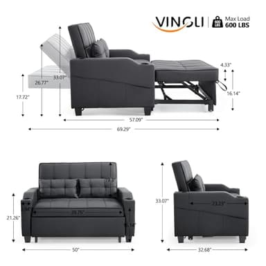 VINGLI Convertible Loveseat Sleeper, Black Faux Leather Futon Sofa Bed Pullout Couch Bed with USB Ports, Cup Holders, Armrest for Living Room, Bedroom, Home Office Apartment - Image 3