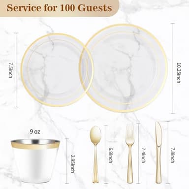 BESTVIP 600PCS Clear Gold Dinnerware Set for 100 Guests, Plastic Plates for Party, Christmas and New Year, 100 Disposable Plates, 100 Dessert Plates, 100 Cups, 100 Spoons, 100 Forks and 100 Knives - Image 4