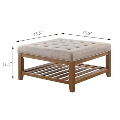 24KF Large Square Upholstered Tufted Linen Ottoman Coffee Table, Large Footrest Ottoman with Solid Wood Shelf-Linen - Image 2