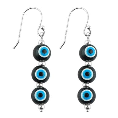 CRYSTALINES Black Evil Eye Crystal Earrings, Triple Ball Beads, Beaded Dangling Earrings, Handmade, Healing Crystals, Silver Plated, Gemstone Jewelry, Protection,Gifts for Women - Image 1