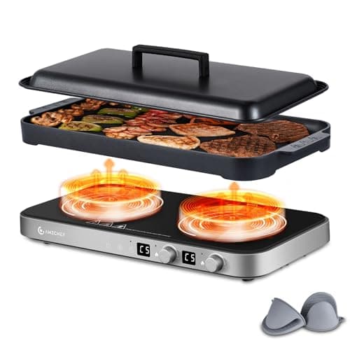 AMZCHEF Double Induction Cooktop with Removable Griddle Pan Non-stick, 1800W 2 burner Portable Induction Stove With Sensor Touch 9 Power Levels, 99 Min Timer, Iron Grey - Image 1