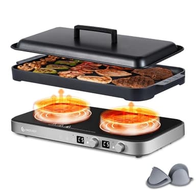 AMZCHEF Double Induction Cooktop with Removable Griddle Pan Non-stick, 1800W 2 burner Portable Induction Stove With Sensor Touch 9 Power Levels, 99 Min Timer, Iron Grey - Image 1