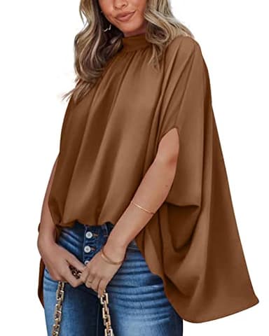 BTFBM Womens Summer Tops 2025 Fall Mock Neck Batwing Sleeve Shirts Loose High Low Hem Oversized Dressy Casual Blouses(Brown, X-Small) - Image 1