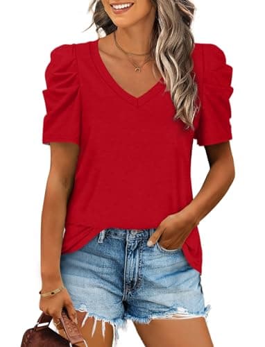 V Neck T Shirts Women Puff Sleeve Tops for Women Short Sleeve Shirts Spring Clothes Red M - Image 1