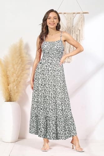Women Dresses Boho Maxi Dress Spaghetti Strap Sleeveless Tiered A Line Ruffle Hem Long Dress with Pockets Black White Floral S - Image 4