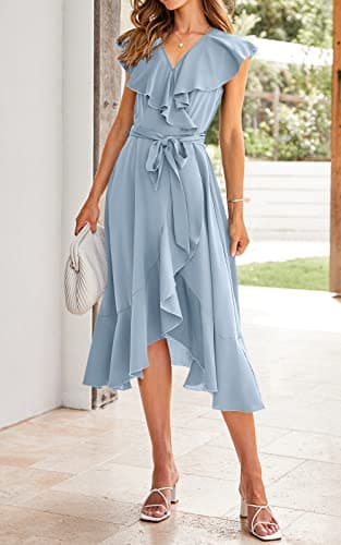 PRETTYGARDEN Women's Summer Cross Maxi Dress Casual Boho Deep V Neck Short Sleeve Ruffle Hem Split Beach Long Dresses (Light Blue,X-Large) - Image 3