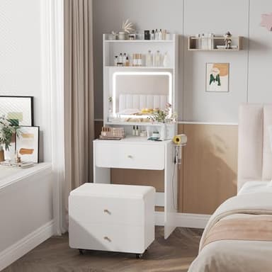 Vabches Make Up Vanity Desk with Mirror and Lights, White Vanity Table Set with Charger Station,Girls Small Vanity and Storage Chair - Image 2
