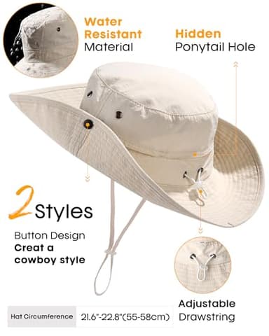 FURTALK Sun Hats for Women Ponytail UPF 50+ Beach Summer Hat Wide Brim Packable Cowboy Hat Beige - Image 5