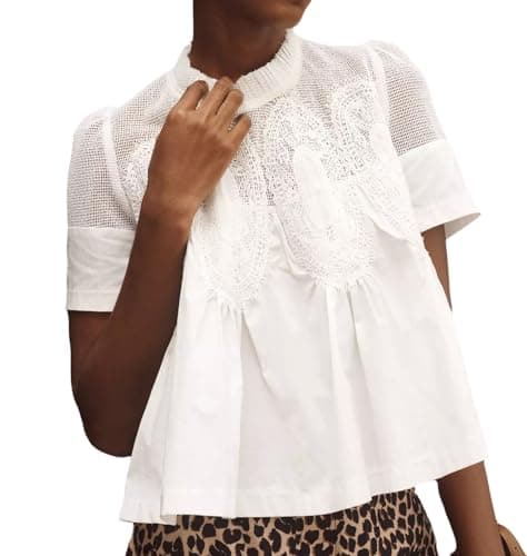 VAOYIU Women Lace-Detail Flared Blouse Short-Sleeve Crew Neck Lace Poplin Mesh Swing Top Casual and Elegant Loose with Intricate Back Design(White-M) - Image 1