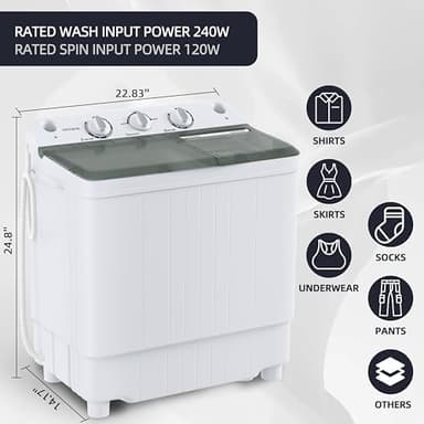 Portable Washing Machine, Twin Tub 9.9 Lbs Capacity, Washer(7.7 Lbs) and Spinner(2.2 Lbs) Combo, Mini Compact Laundry Washer for Home, Apartment, Camping, RVs and Dorms, Black/White - Image 3