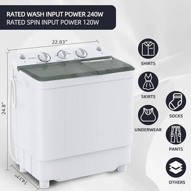 Sustainova Portable Washing Machine Twin Tub 9.9 Lbs Capacity, (7.7 Lbs) and Spinner(2.2 Lbs) Combo Mini Compact Laundry Washer for Home, Apartment, Camping, RVs and Dorms, Black/White - Image 3