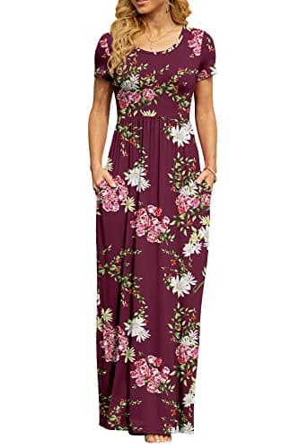 DB MOON Women's Casual Plus Size Maxi Dresses Short Sleeve Empire Waist Long Dress with Pockets(Flower Burgundy, XL) - Image 3