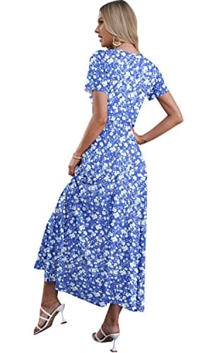 AUSELILY Long Casual Dress for Women Empire Waist Graduation Spring Short Sleeve Maxi Floral Dress S - Image 3