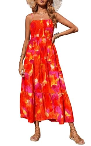 PRETTYGARDEN Summer Dresses for Women 2025 Spaghetti Strap Floral Maxi Dress Sleeveless Smocked Tiered Long Beach Sundress (Orange Red Flower,XXL) - Image 1