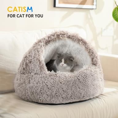 CATISM Cat Bed, Plush Hooded Cat Beds for Indoor Cats, Self Warming Cats Beds Cave, Cozy Pod for Indoor Kitten or Small Dog, Removable Washable with Non-Slip Bottom - Image 8