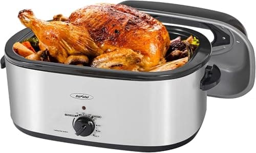 Sunvivi Roaster Oven, Electric Roaster Oven with Viewing Lid, 30lb 26-Quart Turkey Roaster with Unique Defrost/Warm Function, Large Roaster with Removable Pan & Rack, Stainless Steel, Silver - Image 1