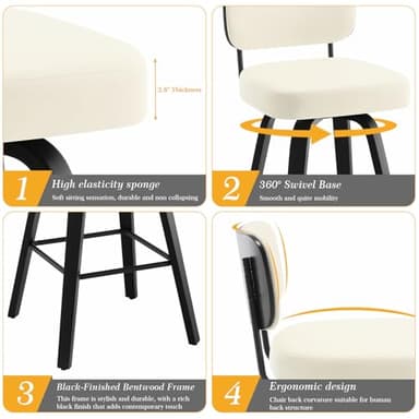 Bekrvio Swivel Counter Height Bar Stools Set of 4, Upholstered Faux Leather Barstools with Back, 26" Seat Height Bar Chairs Island Stools for Kitchen Counter, Black Wood Frame, Cream White - Image 4