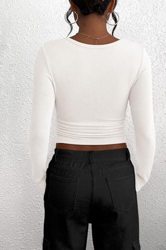 PRETTYGARDEN Women's 2025 Fall Long Sleeve Henley T Shirts Button Ribbed Knit Slim Fit Basic Tops Blouse Casual Outfits (White,Medium) - Image 2