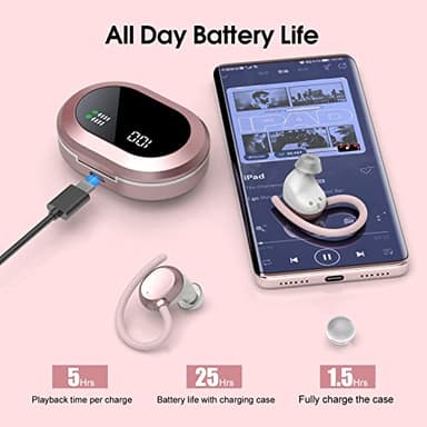 Ear Buds Wireless Earbuds, HiFi Stereo Bluetooth 5.3 Running Headphones with Dual LED Display 30Hrs Playtime, Built-in Mic, Type-C, in-Ear Bluetooth Earphones with Earhooks for Sport, Rose Gold - Image 5