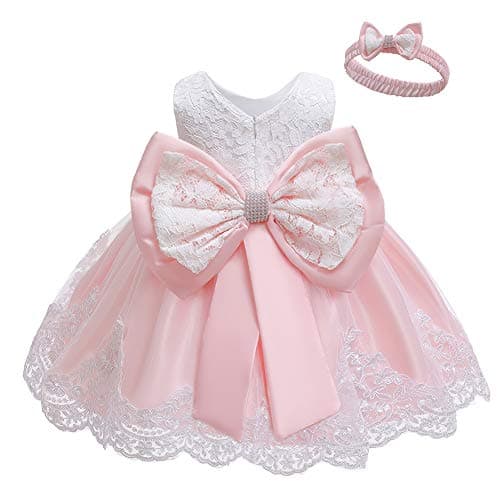 LZH Baby Girls Lace Dress Bowknot Flower Dresses Wedding Pageant Birthday Tutu Gown Baby Pink 0-3M Baby Pink - Image 1