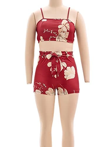 KEYUFANG Women 3 Piece Vocation Outfits Summer Suit Floral Kimono Cardigans Beach Cover Up Crop Cami Top Short Set Red - Image 6