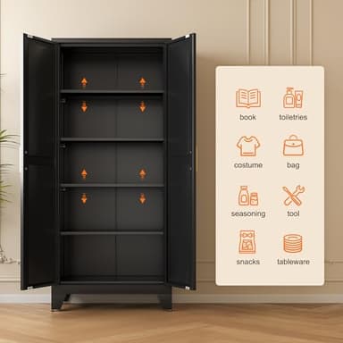 71" Tall Metal Storage Cabinet with 2 Doors and 4 Adjustable Shelves, 5-Tier Kitchen Pantry Storage Cabinet for Kitchen, Living Room, Dining Room and Office, Black - Image 4