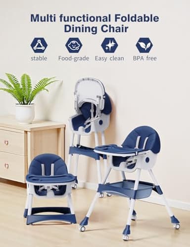 High Chairs for Babies and Toddlers, 4 in 1 Convertible Baby High Chair, Portable High Chair for Travel with Adjustable Height and Back, Foldable HighChair with Wheels& Pu Cushion - Image 7