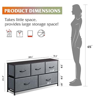 WLIVE Dresser for Bedroom with 5 Drawers, Wide Chest of Drawers, Fabric Dresser, Storage Organizer Unit with Fabric Bins for Closet, Living Room, Hallway, Dark Grey - Image 3
