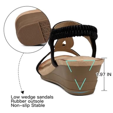 SHIBEVER Black Wedge Sandals for Women Dressy Summer Comfortable Rhinestone Sandals Open Toe Ankle Strap Dress Shoes Low Heel Size 9 - Image 6