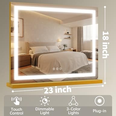 FENNIO 23" x 18" Vanity Mirror with Lights，LED Makeup Mirror，Hollywood Mirror with 3 Color Modes & Adjustable Brightness，Vanity Mirror Square Gold - Image 7