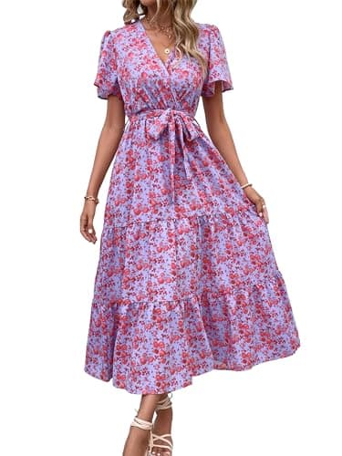 MASCOMODA Womens Summer Boho Maxi Dress Floral Wrap V Neck Flutter Short Sleeve Tie Waist A Line Tiered Flowy Long Dresses(Purple and Red,XX-Large) - Image 1