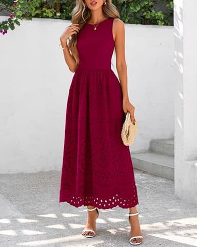 dowerme Women Summer Dresses 2025 Casual Sleeveless Crewneck A-Line Boho Lace Eyelet Cotton Tank Maxi Dress with Pockets(Wine Red,Small) - Image 6