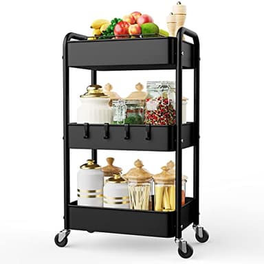 LEHOM 3 Tier Rolling Utility Cart, Metal Trolley Cart with Wheels, Hooks, Easy Assembly Organizer Storage Cart for Bathroom, Kitchen, Office, Bedroom(Black) - Image 1