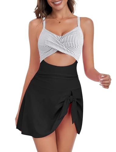 ZAFUL Women One Piece Swimsuit Modest Tummy Control Bathing Suit Over 50 Modlily Swim Dress Swimwear Push Up V Neck Swim Suits 2024 Black Striped XL - Image 1