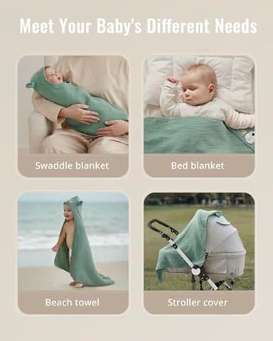 Blissful Diary Muslin Baby Hooded Towel, Soft and Absorbent Bath Towel for Newborn, Infant, Toddler, Unisex, 32″x32″ - Smart Bear - Image 4