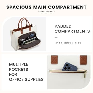 LOVEVOOK Laptop Bag for Women 15.6 inch Canvas Laptop Tote Bag， Large Professional Teacher Purse Lightweight Computer Bag Briefcase Business Office, White Brown - Image 3