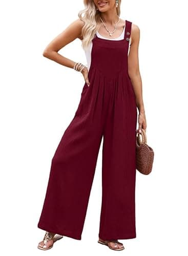 Dokotoo Womens Overalls Red Jumpsuits for Women Casual Loose Fit Solid Color Wide Leg One Piece Sleeveless Jumpsuit Adjustable Straps Long Pant Rompers with Pockets Medium - Image 2
