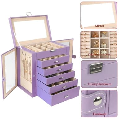 CIIGIO 6 Layer Large Jewelry Boxes With Mirror，Multifunctional 5 Drawers Jewelry Box Organizer with 2 Glass Door for Necklace Organizing (Purple) - Image 2